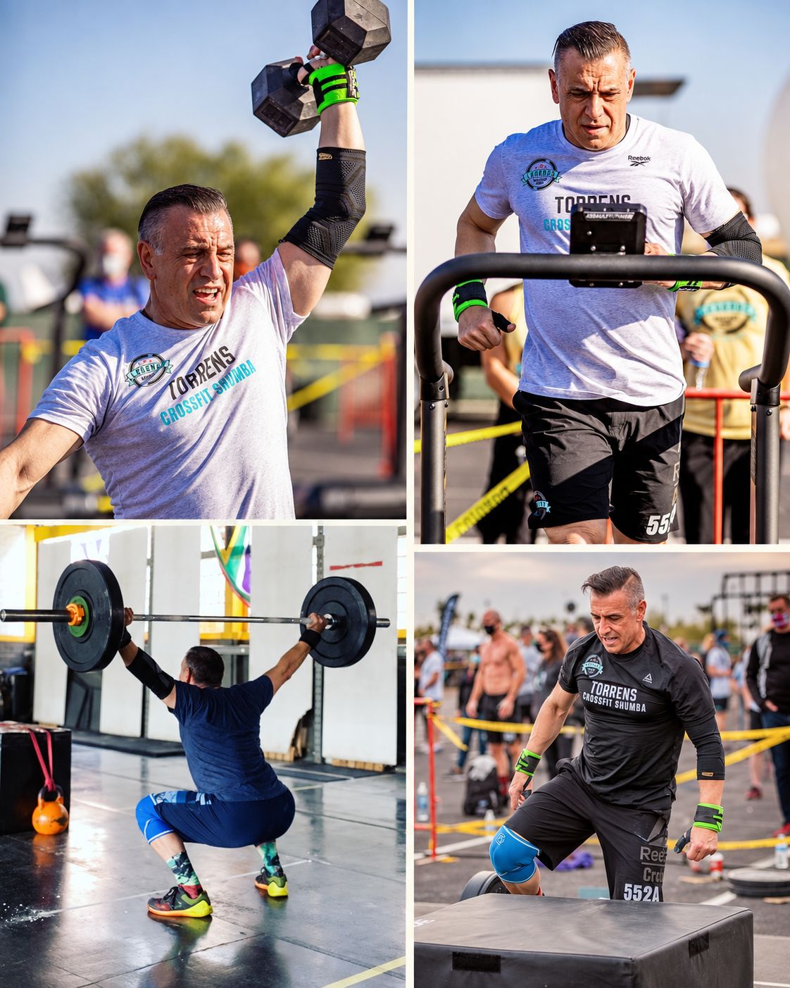 John Torrens training and competing in CrossFit: dumbbell snatch, bike, overhead squat and box step-up