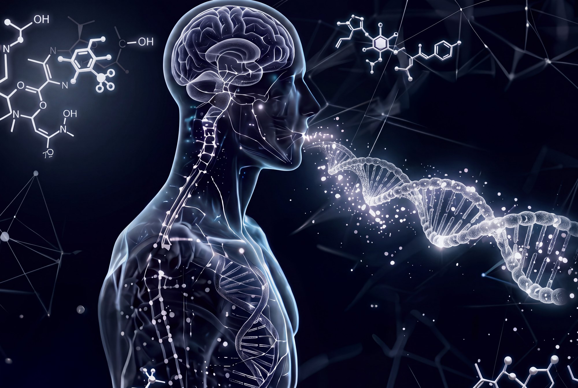 Illustration of the human body with DNA and molecular structures